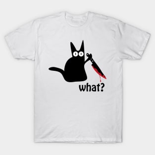 black spooky cat with bloody knife T-Shirt